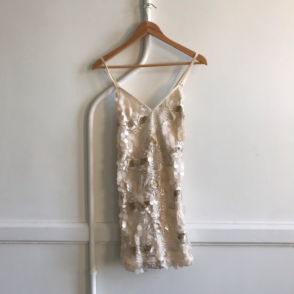 Embroidered Sequined Cream Mini Dress